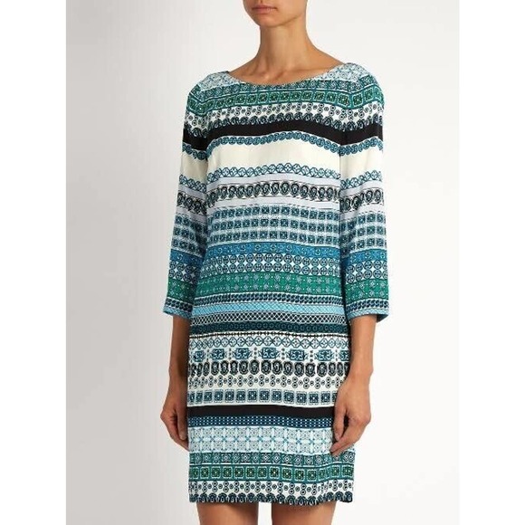 Diane Von Furstenberg Silk Shift Dress 6 Geometric Stripe Boat Neck 3/4 Sleeve - Picture 3 of 16